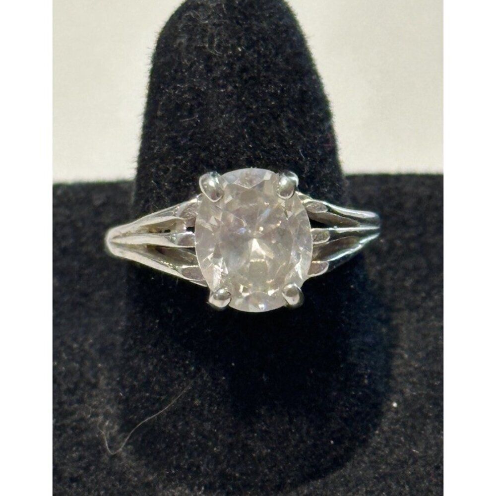 Silver Tone Solitaire Ring Sz 5.5 Tri Band Side Sterling ? Faux Wedding Bling